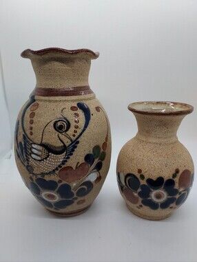 Vintage Tonala Sandstone Mexican Pottery Vases Flowers Floral Blue Brown (2)